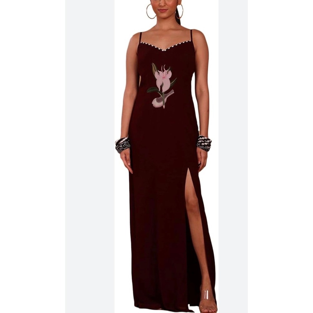 Masaba Embroidered Maxi Dress Womens XL Burgundy Good Side Slit Floral Crepe
